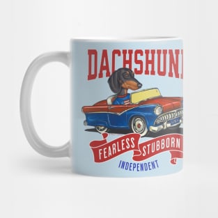 Funny and Cute Doxie Dachshund dog in a classic vintage retro car with red white and blue banner flags Mug